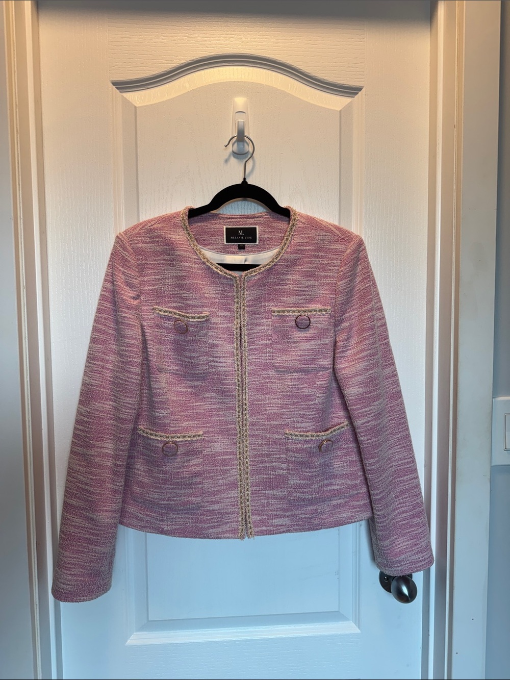 Women's Pink Tweed Collarless Blazer with Gold Trim